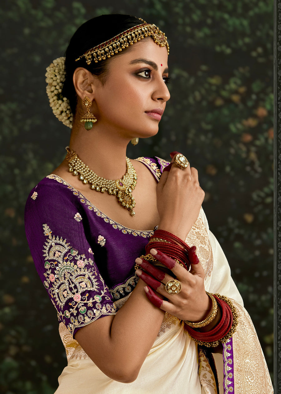 Off White Dola Banarasi Silk Saree & Beetroot Pink Embroidered Blouse