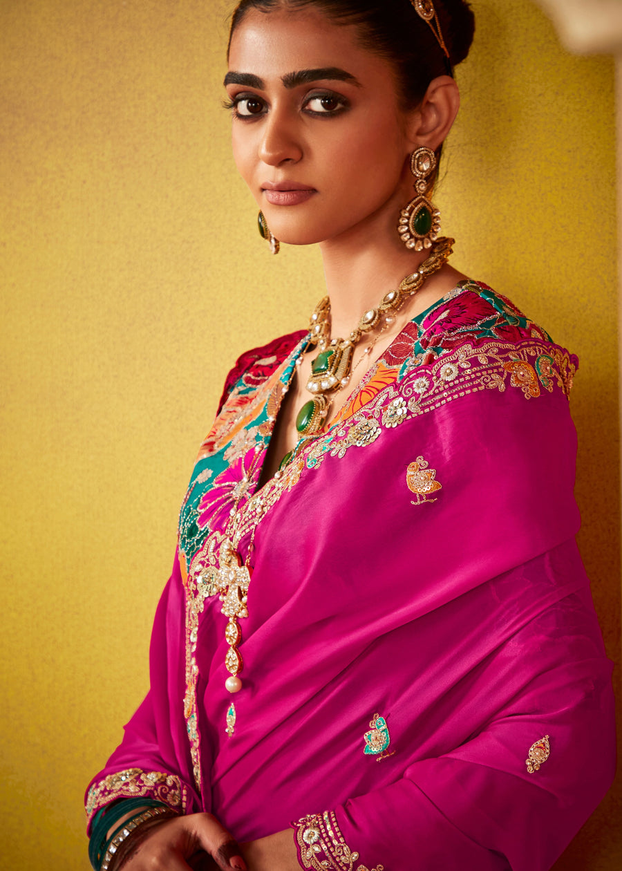 Hot Pink Glass Tissue Silk Embroidered Saree & Blue Printed Blouse