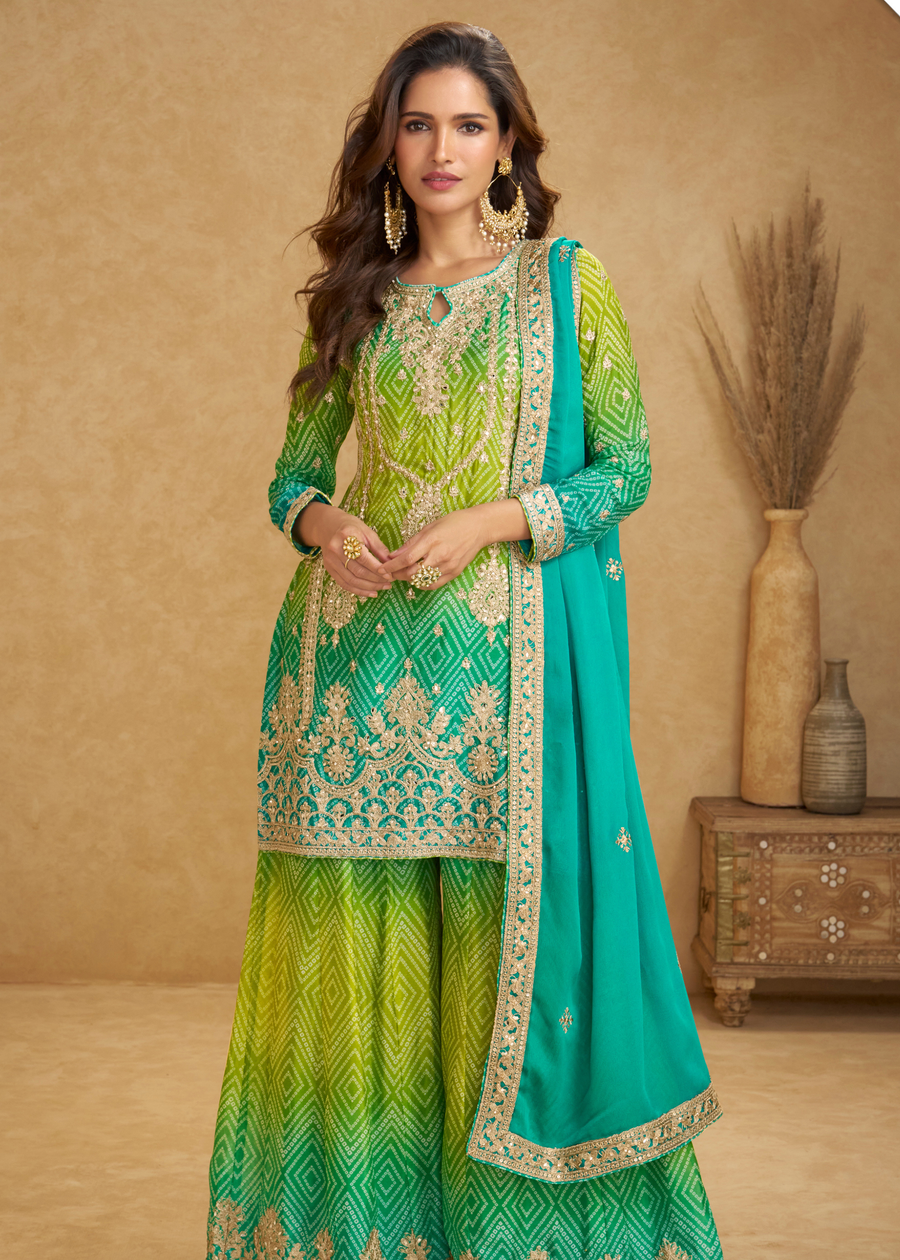 Designer Jade Green & Lime Green Ombre Chinon Silk Bandhani Suit Set