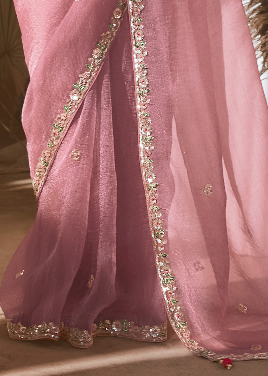 Pastel Pink Organza Tissue Silk Embroidered Saree & Printed Blouse