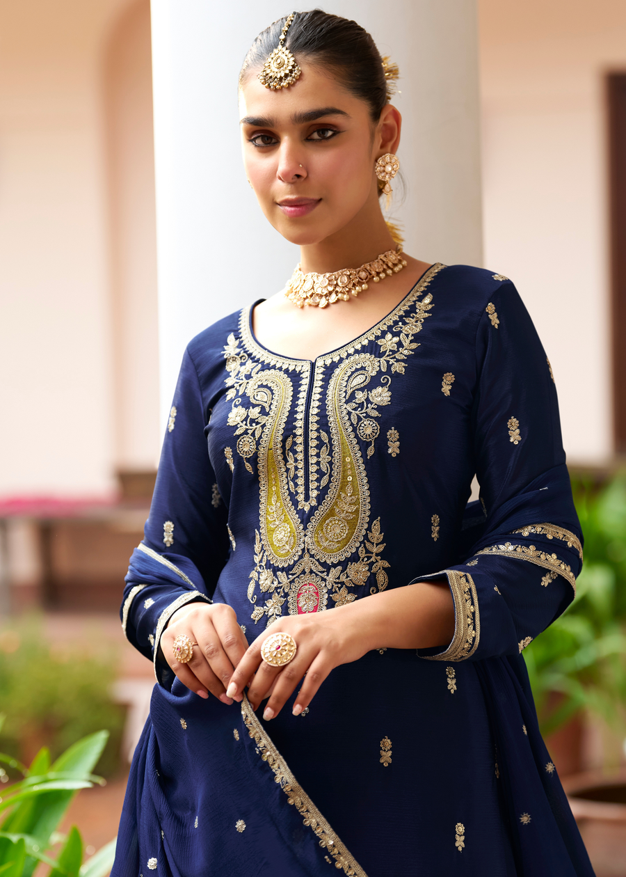 Designer Navy Blue Chinon Silk Sharara Suit Set With Dupatta
