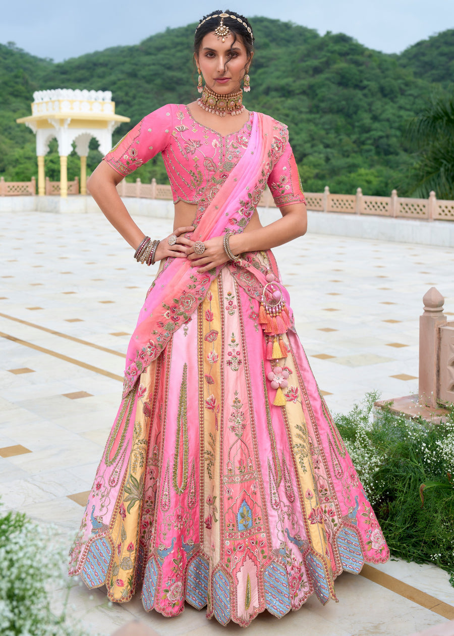 Pink and Lime Yellow Silk Lehenga Choli