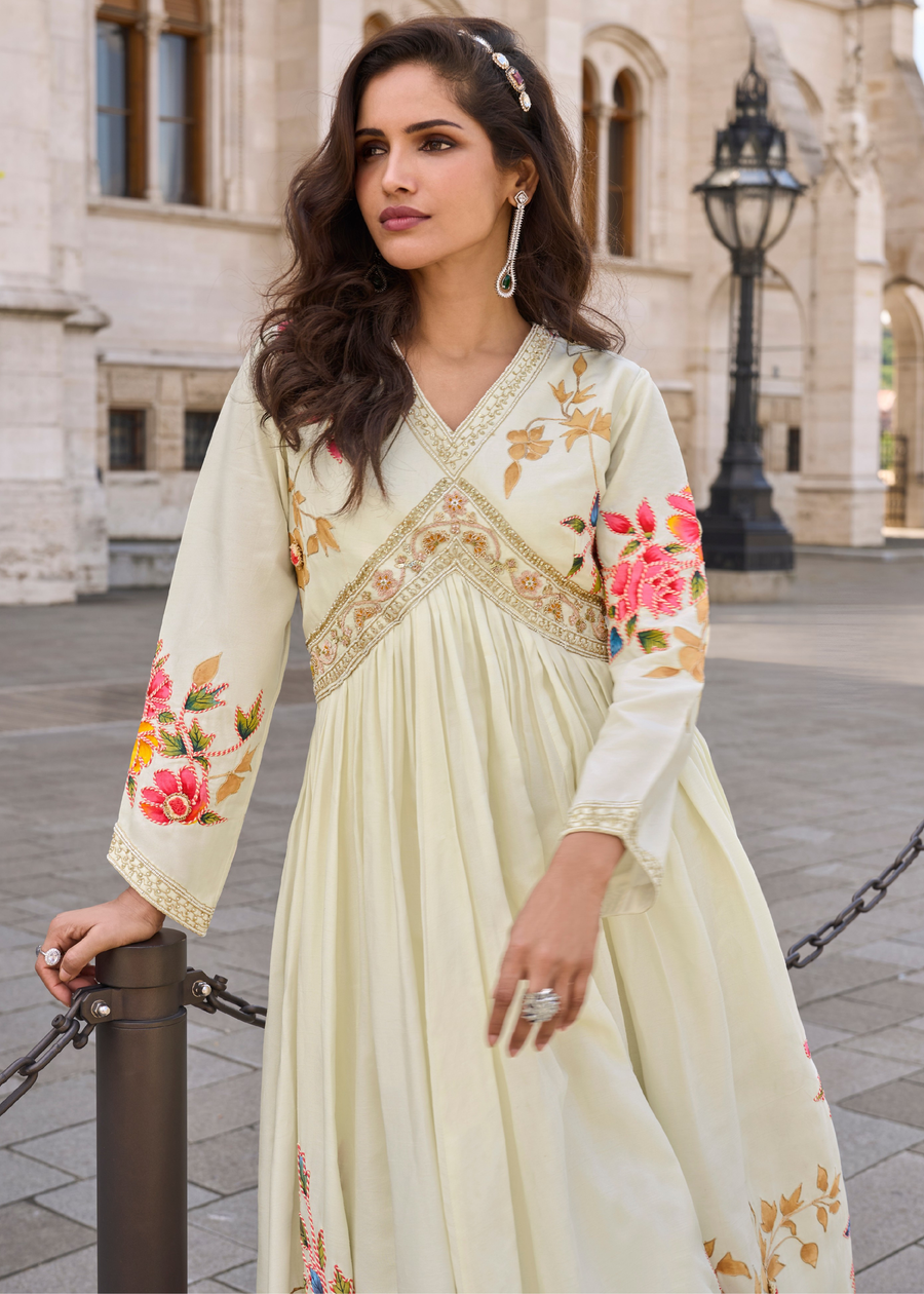 Off White Anarkali Style Chinon Silk Gown Suit With Dupatta