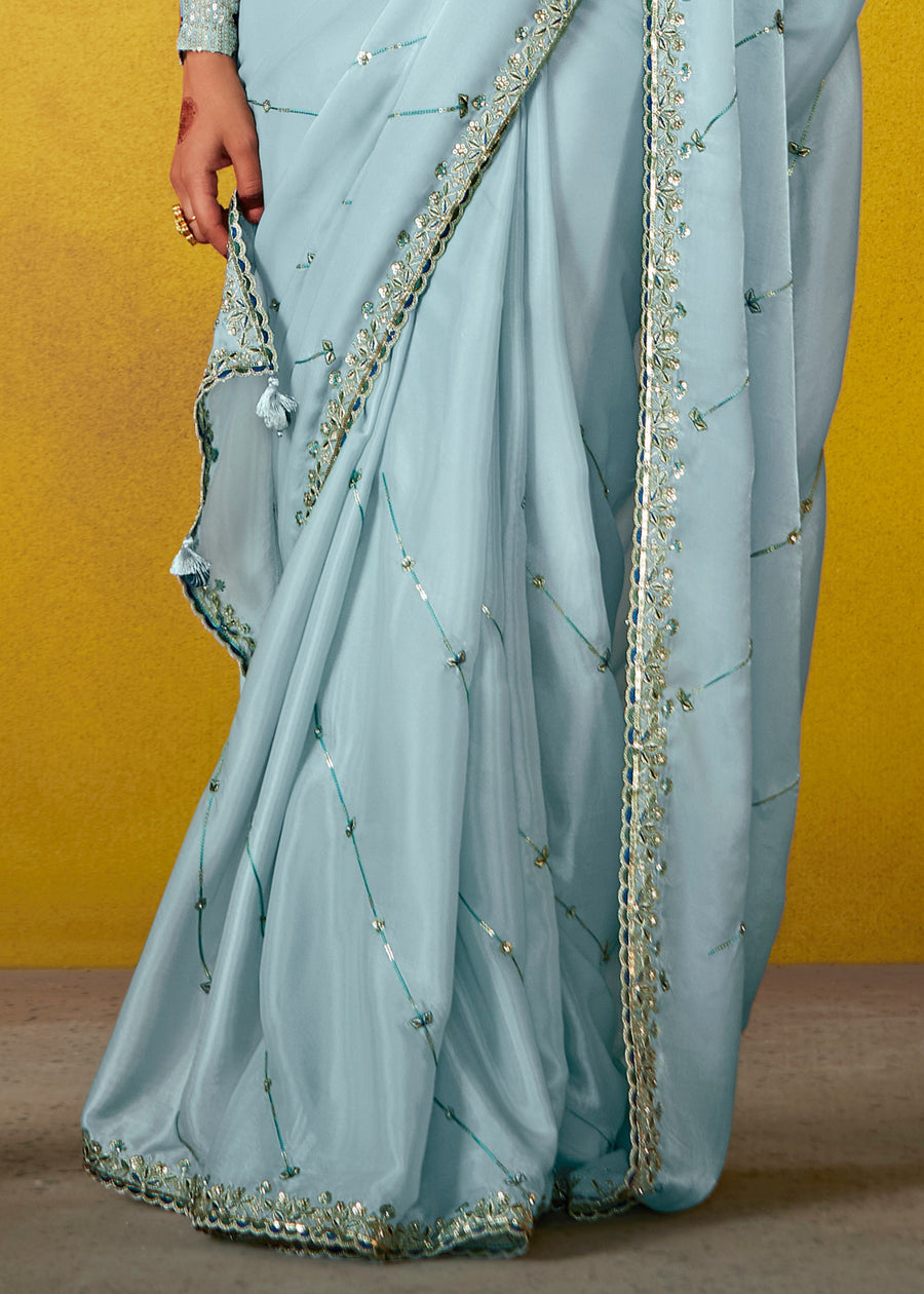 Pastel Blue Glass Tissue Silk Embroidered Saree With Printed Blouse