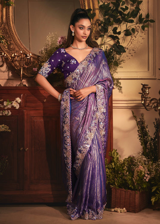 Purple Organza Tissue Silk Saree With Sequins Embroidery