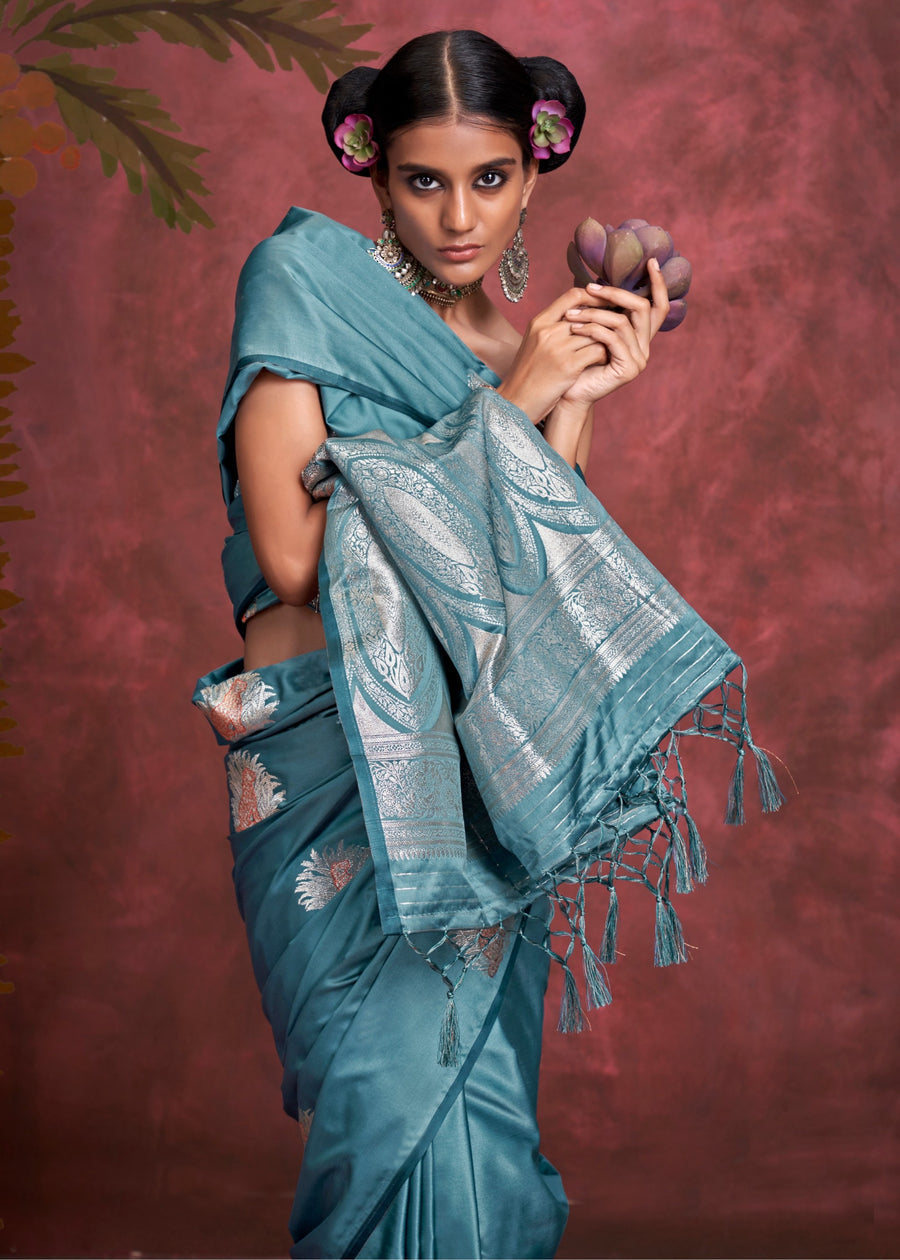 Pure Banarasi Satin Silk Handloom Zari Weaving Blue Saree