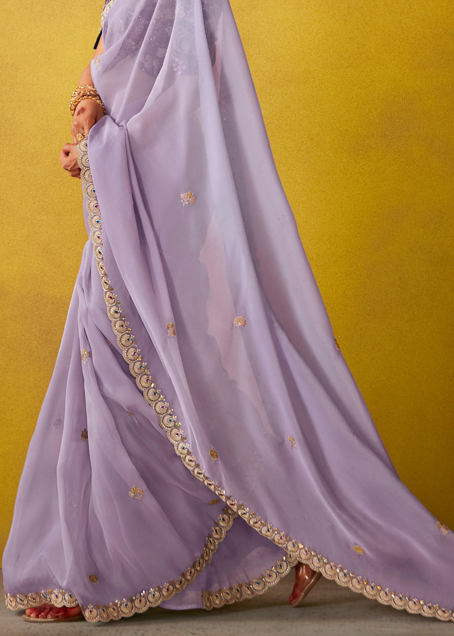 Lavender Purple Glass Tissue Silk Embroidered Saree & Blue Printed Blouse
