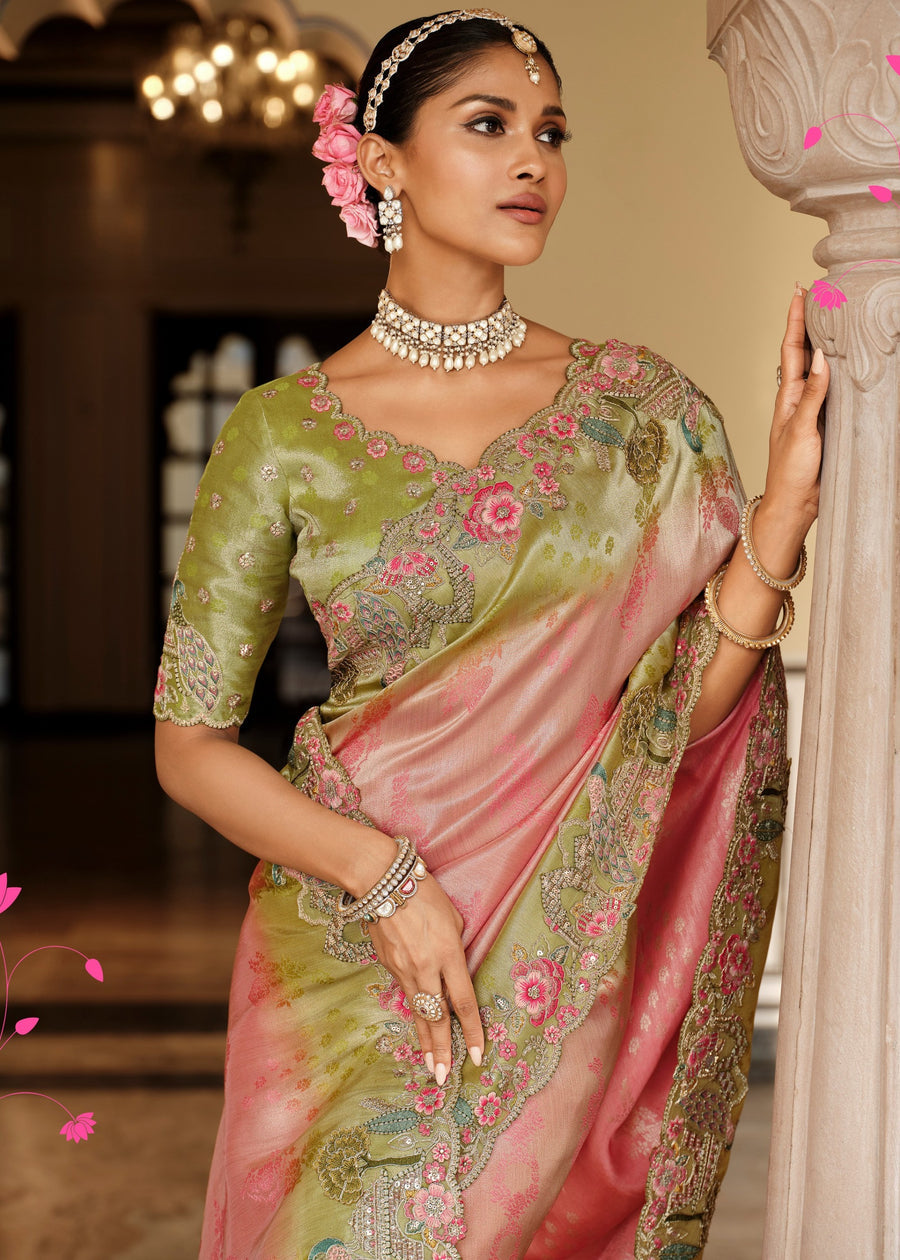 Pastel Pink & Green Ombre Soft Banarasi Silk Embroidered Saree