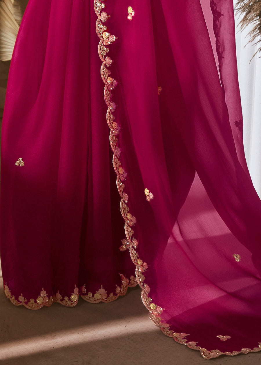 Ruby Pink Organza Tissue Silk Embroidered Saree & Green Printed Blouse