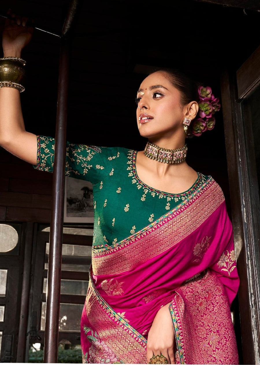 Banarasi Dola Silk Hot Pink Saree & Green Embroidered Blouse