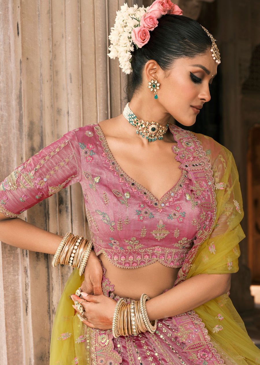 Pastel Pink & Lime Yellow Ombre Effect Embroidered Silk Lehenga Choli