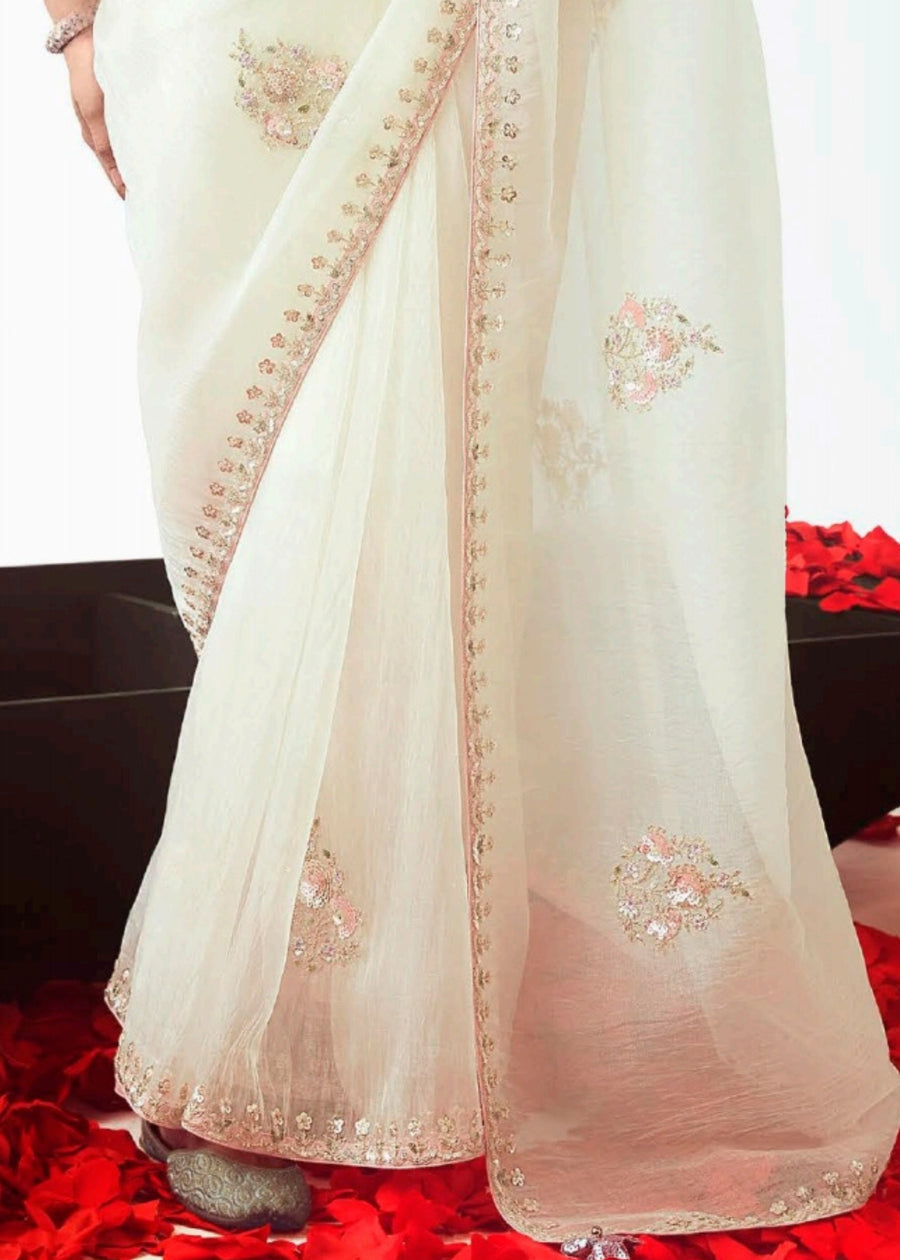 Off White Organza Tissue Silk Embroidered Saree with Pastel Pink Blouse
