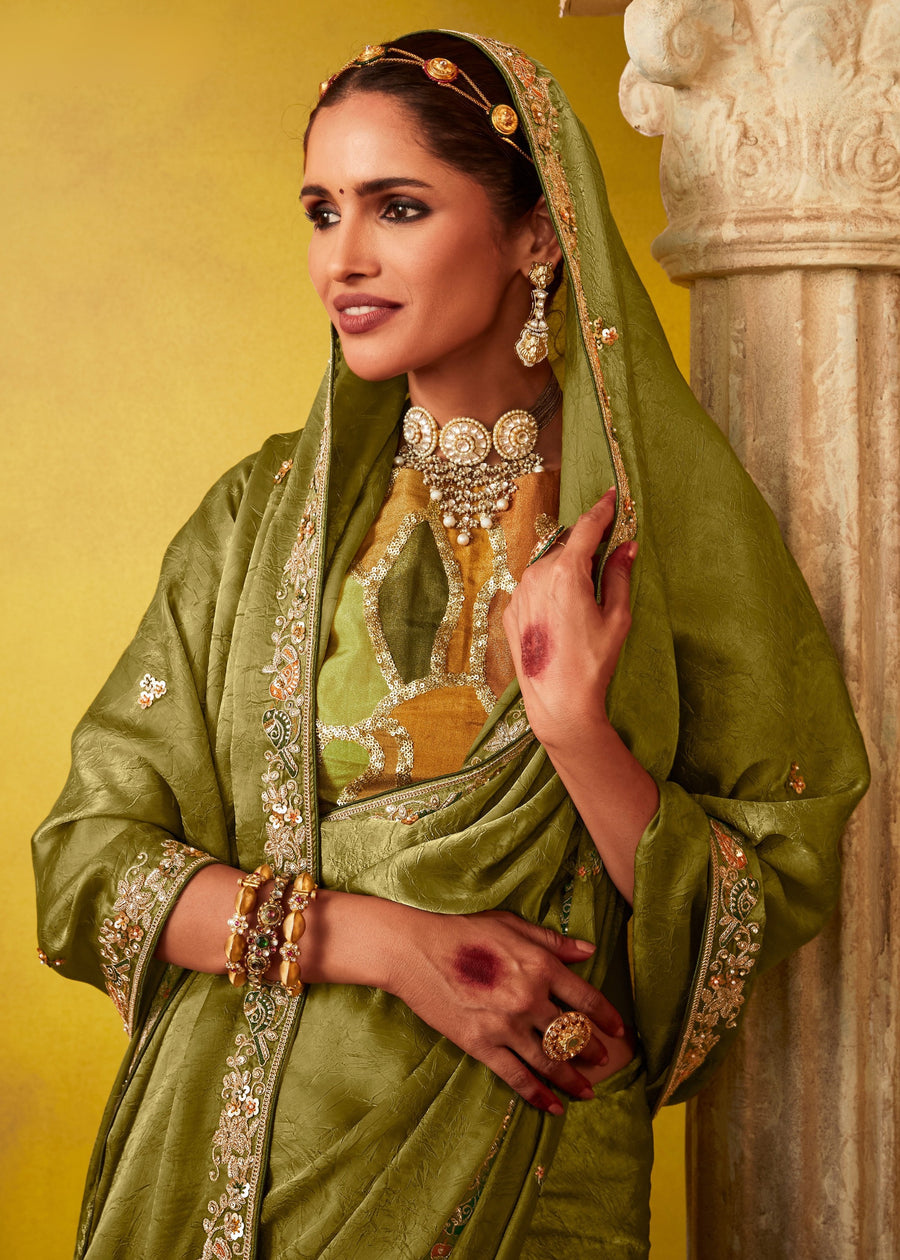 Moss Green Glass Tissue Silk Embroidered Saree & Printed Blouse