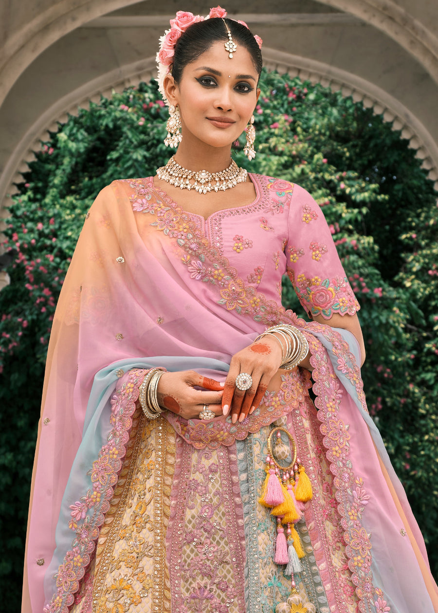 Pink, Blue & Yellow Embroidered Silk Lehenga Choli