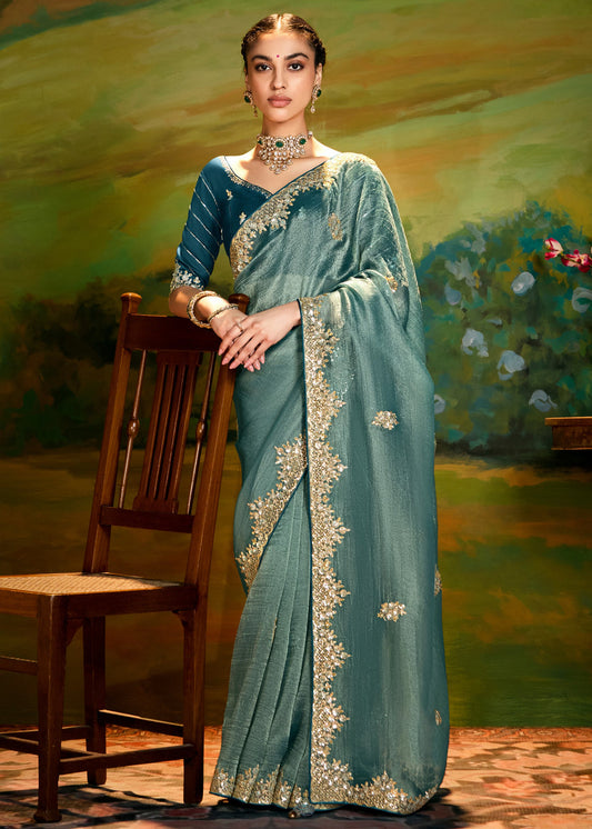 Crushed Satin Tissue Blue Embroidered Saree & Teal Blouse