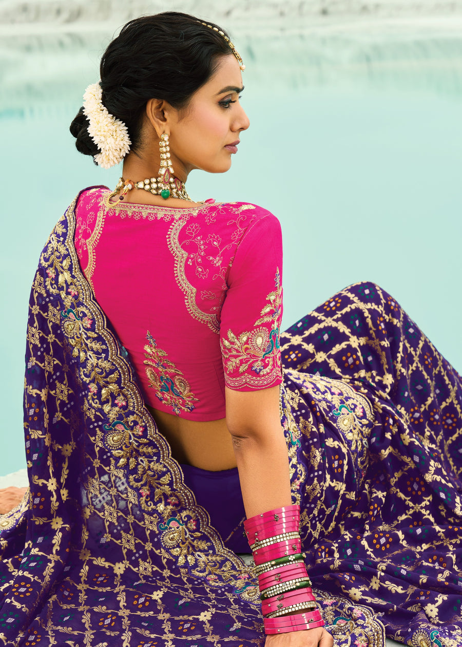 Violet Purple Khaddi Georgette Embroidered Bandhani Saree & Rani Pink Blouse