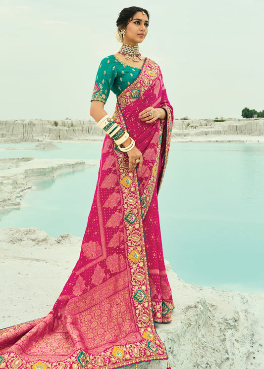 Hot Pink Khaddi Georgette Embroidered Bandhani Saree & Jade Green Blouse