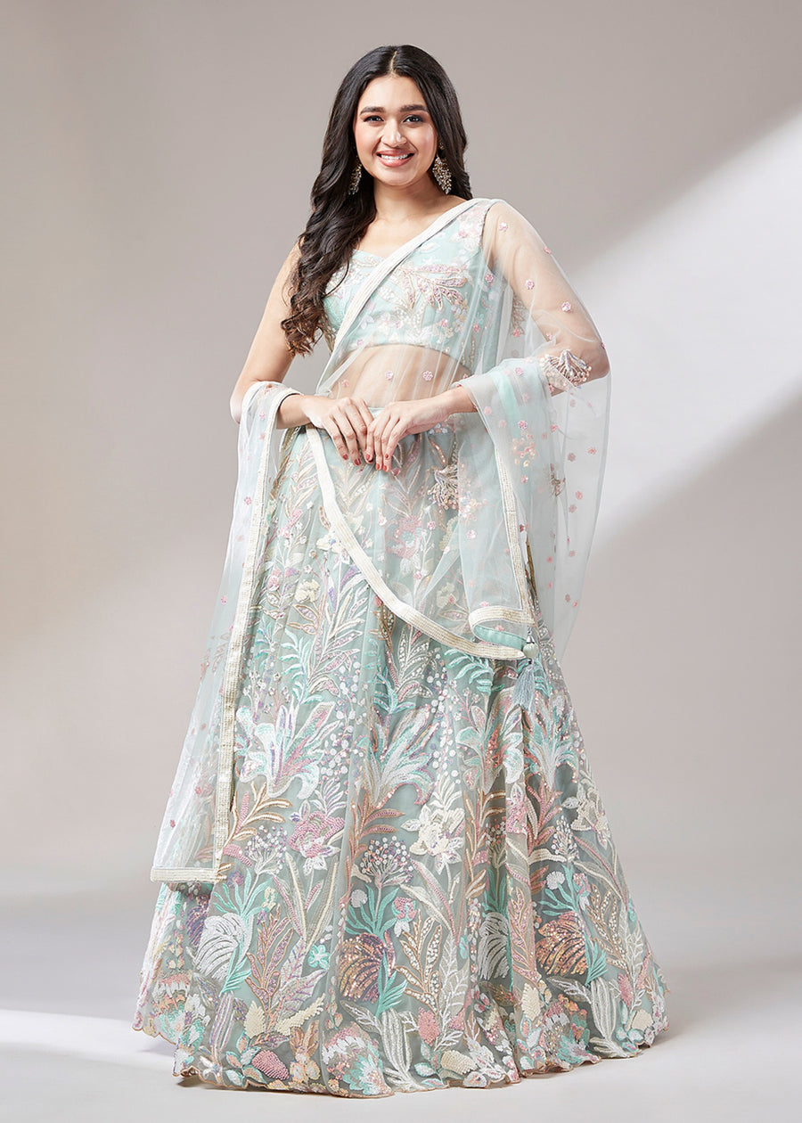 Mint Green Lehenga Choli With Sequins Embroidery