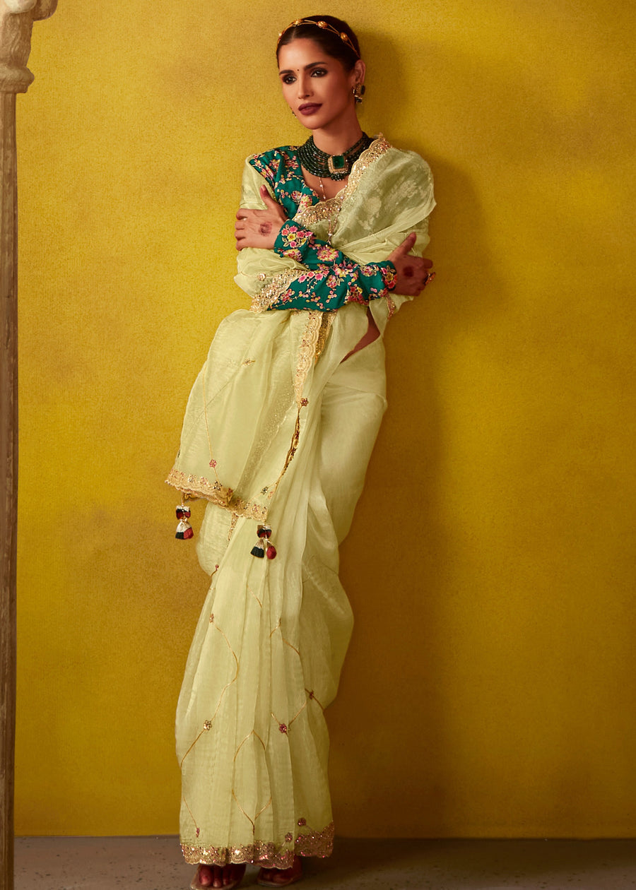Butter Yellow Glass Tissue Silk Embroidered Saree & Green Printed Blouse