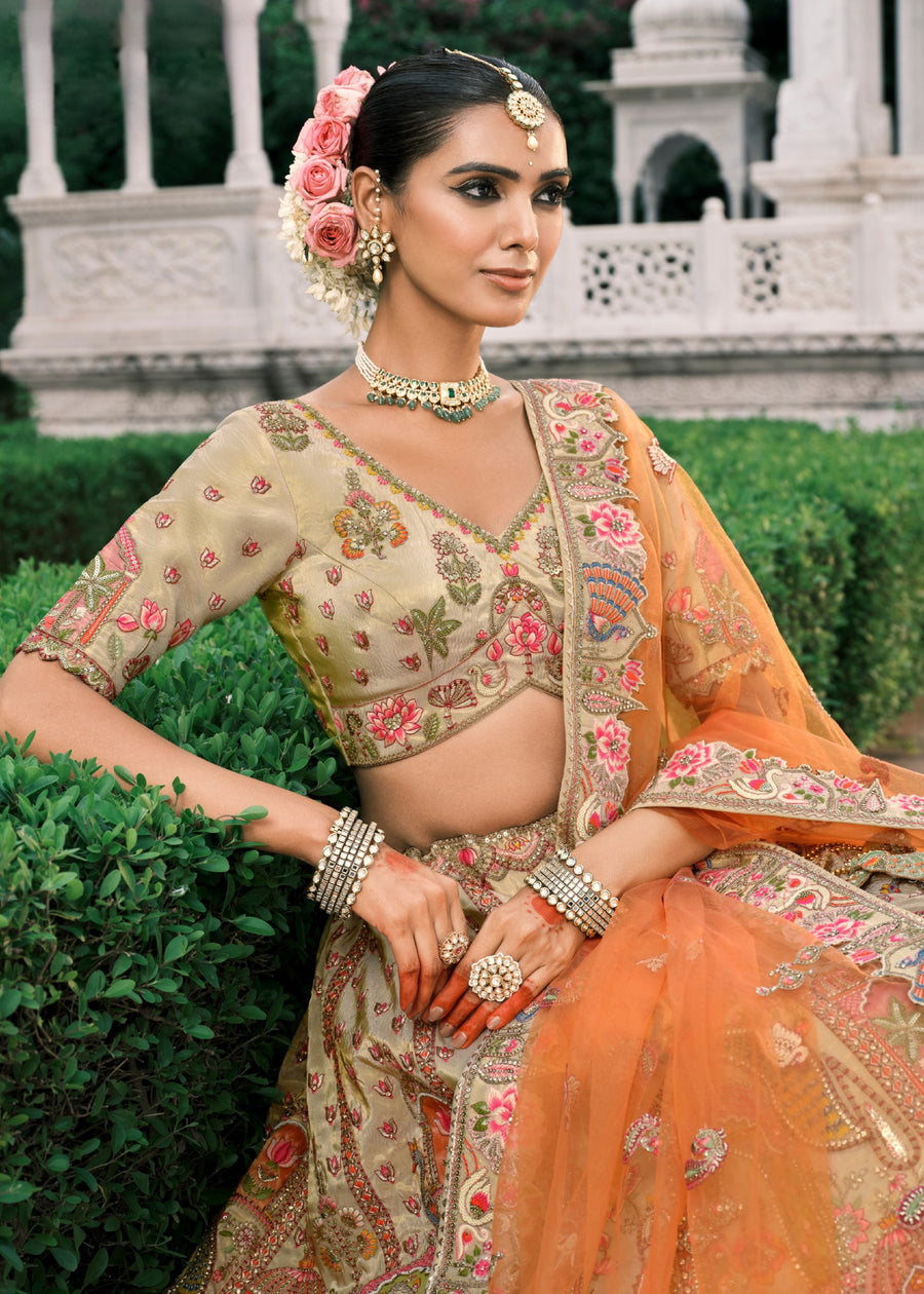 Light Golden & Orange Embroidered Banarasi Silk Lehenga Choli