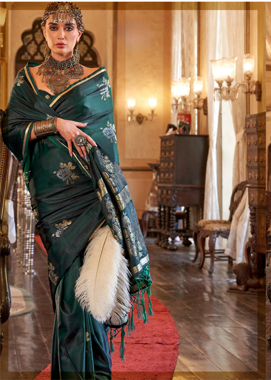 Pure Banarasi Satin Silk Dark Green Handloom Saree