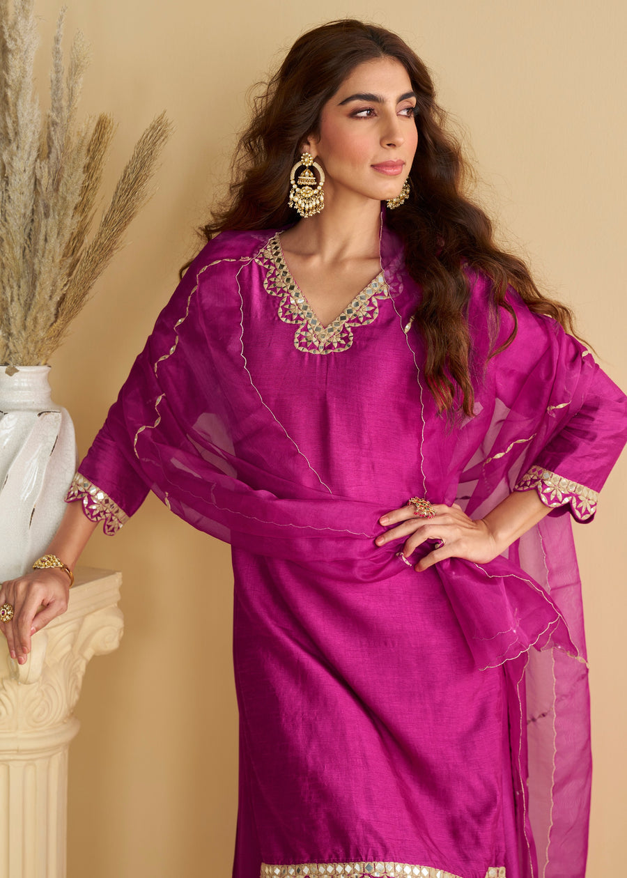 Fuchsia Pink Mirror Work Silk Ethnic Suit With Dupatta