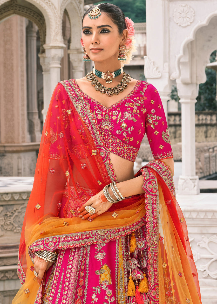 Hot Pink Embroidered Silk Bridal Lehenga Choli