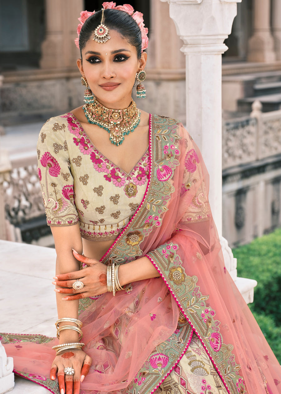 Cream, Mint Green & Pink Ombre Effect Embroidered Silk Lehenga Choli