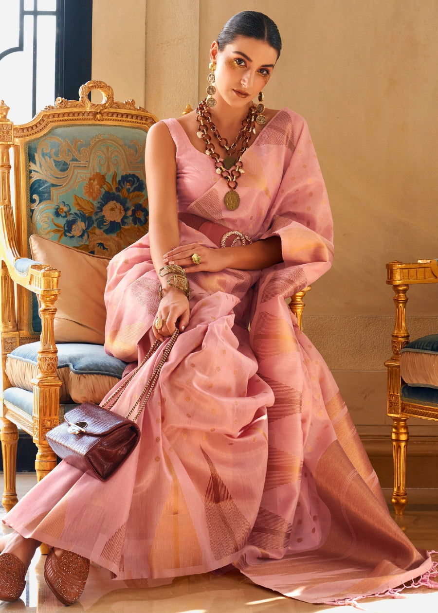 Kanjivaram Tissue Silk Pastel Pink Handloom Weaving Saree