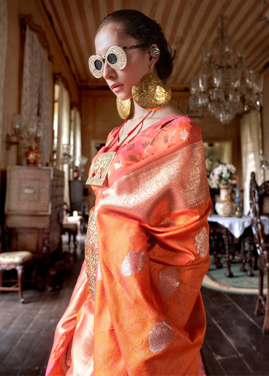 Soft Banarasi Silk Orange Handloom Weaving Saree