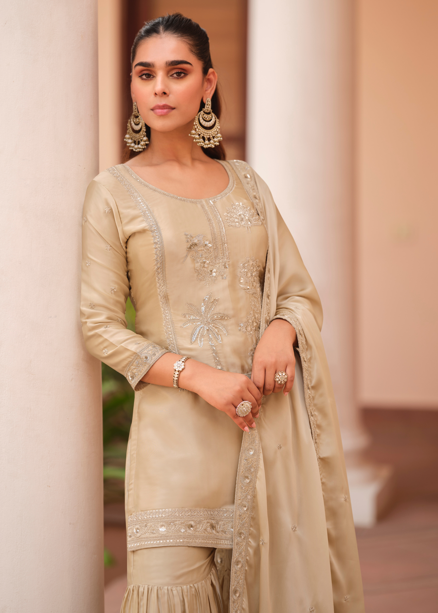 Readymade Beige Embroidered Silk Sharara Suit Set with Dupatta
