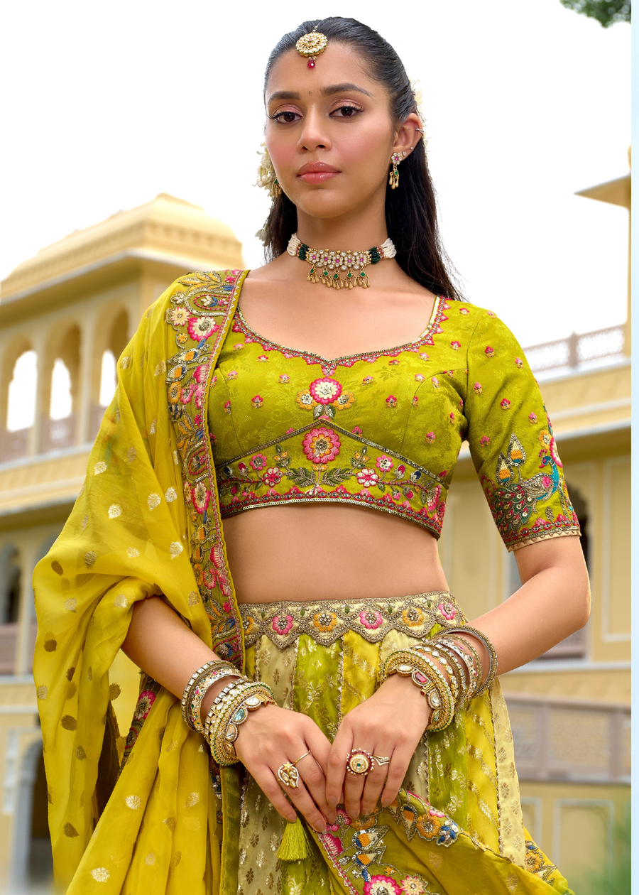 Lime Green & Yellow Silk Bridal Lehenga Choli