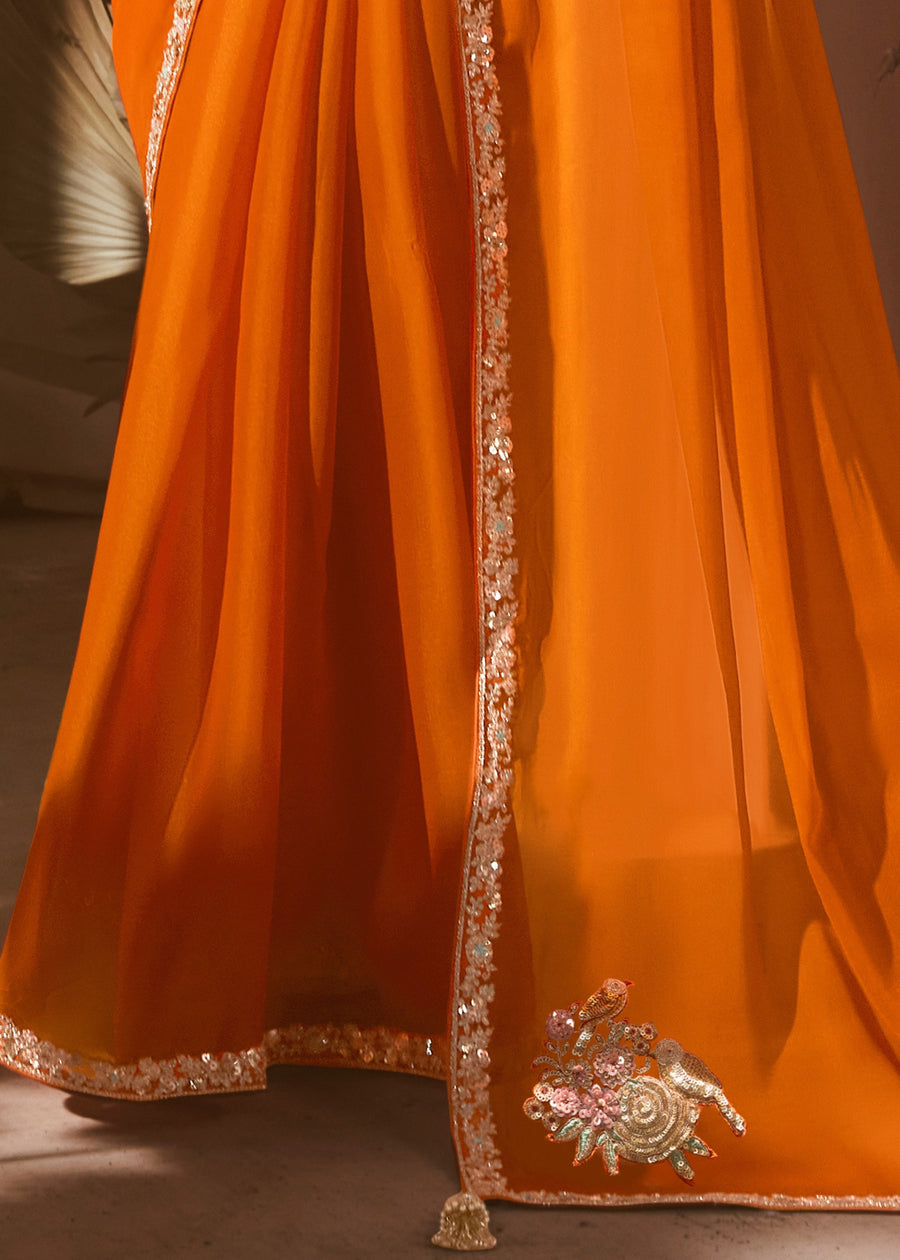 Orange Organza Tissue Silk Embroidered Saree & Printed Blouse