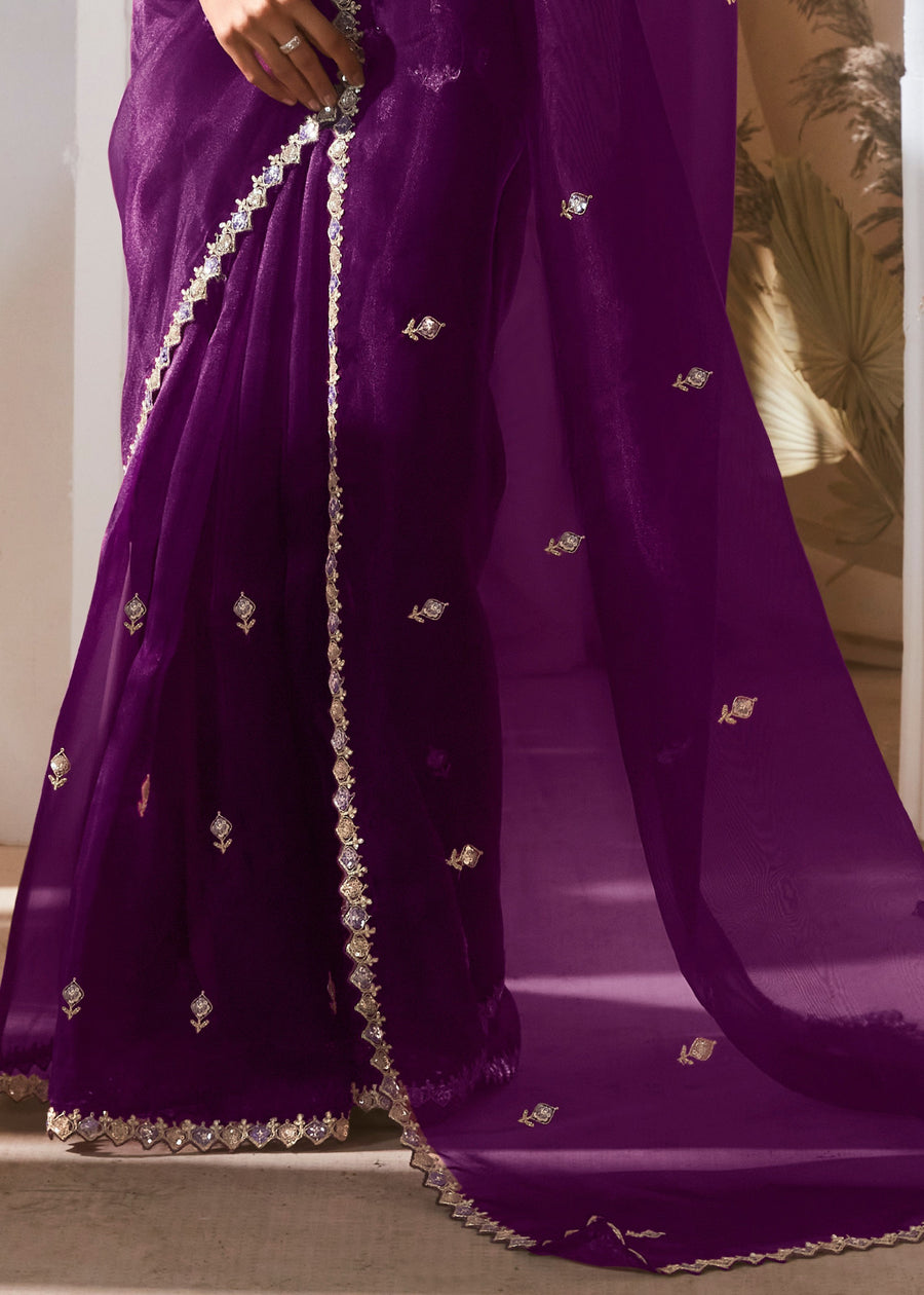 Violet Purple Organza Tissue Silk Embroidered Saree & Printed Blouse