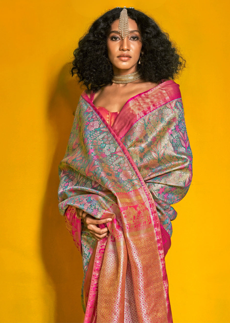 Pastel Blue and Pink Kanjivaram Silk Handloom Saree