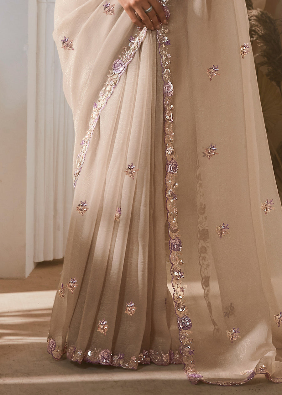 Beige Organza Tissue Silk Embroidered Saree & Purple Printed Blouse