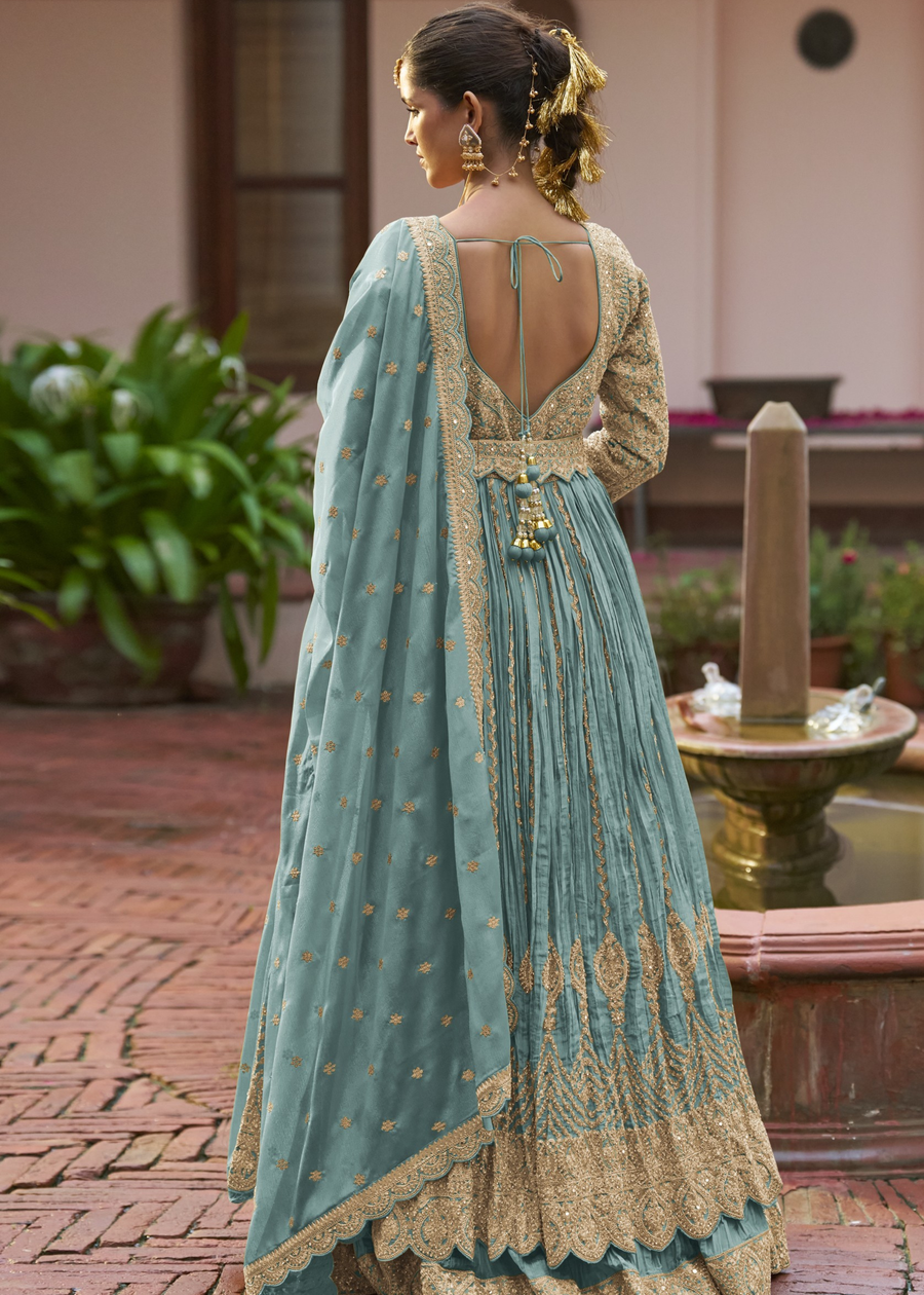 Pastel Blue Chinon Silk Anarkali Suit With Ghagra Skirt