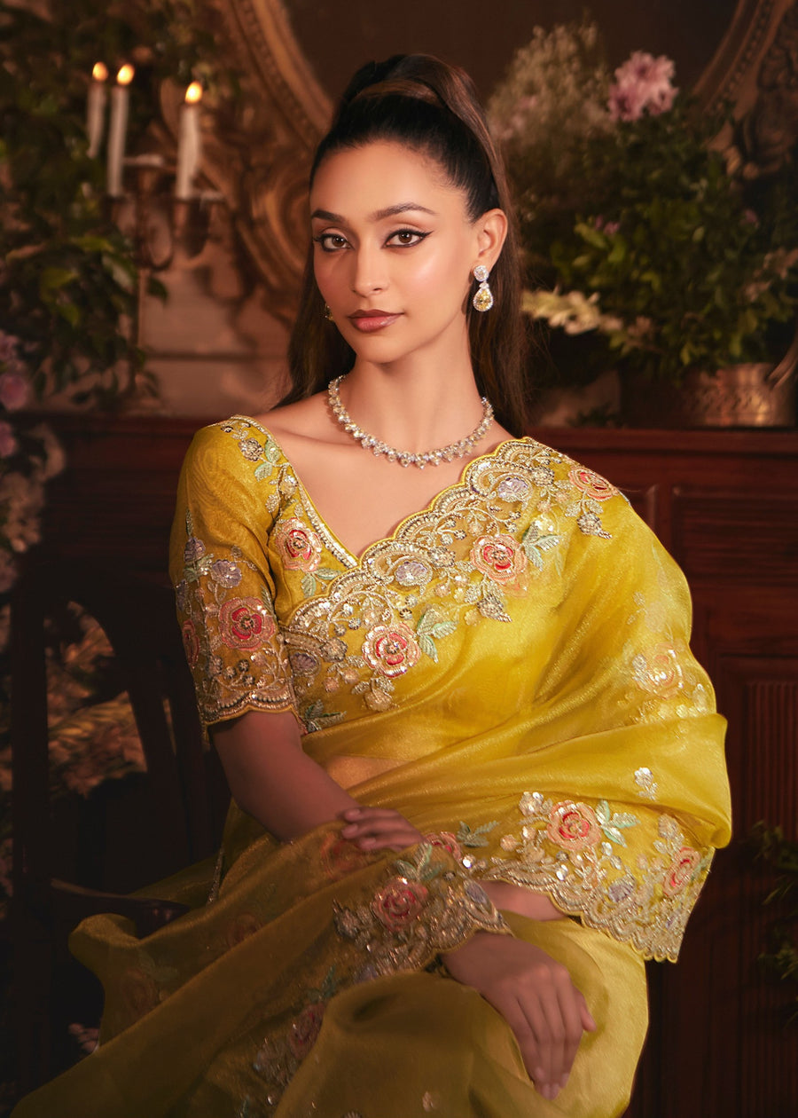 Yellow Organza Tissue Silk Saree With Embroidery Work