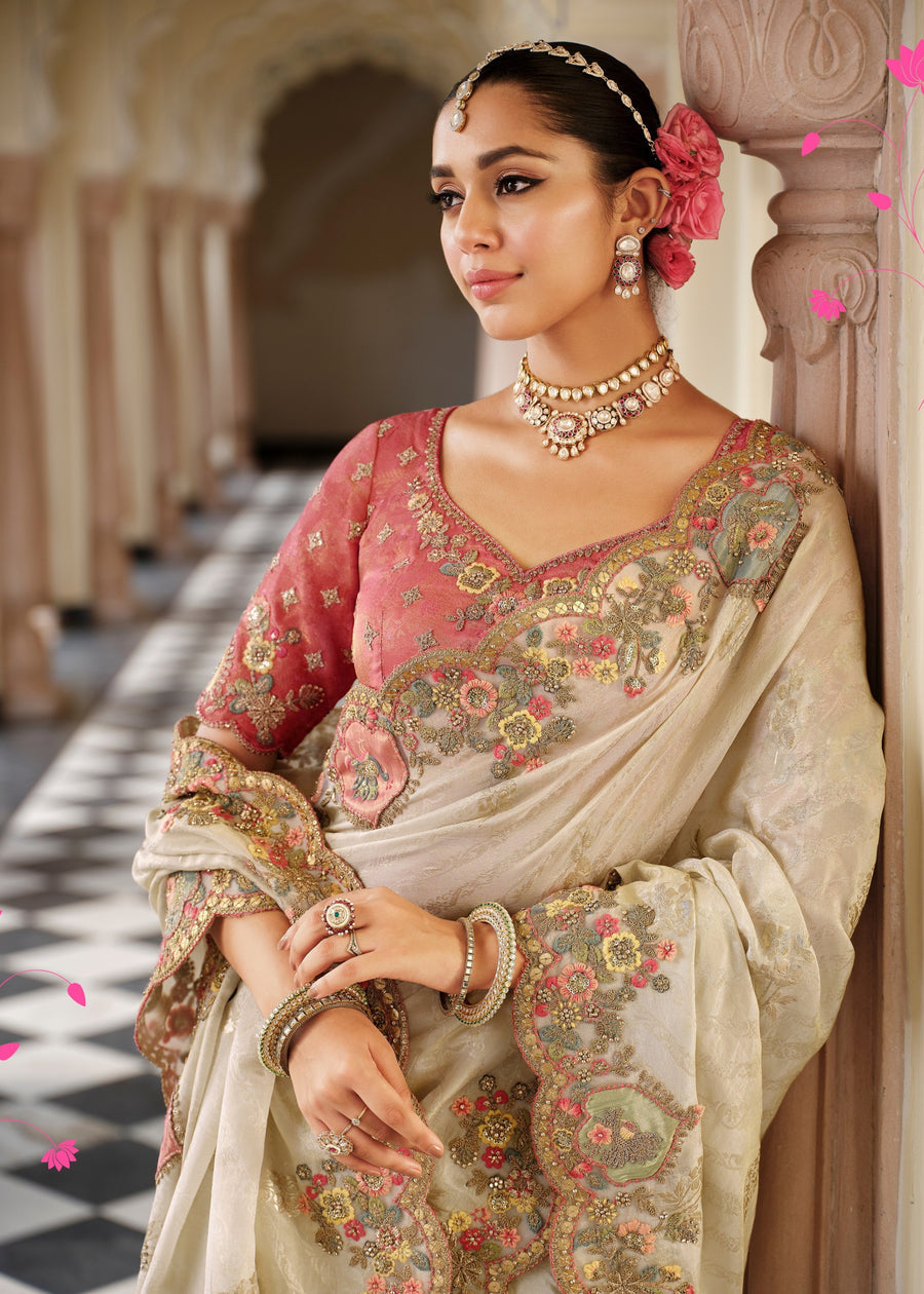 Ivory White Soft Banarasi Silk Embroidered Saree & Rose Pink Blouse