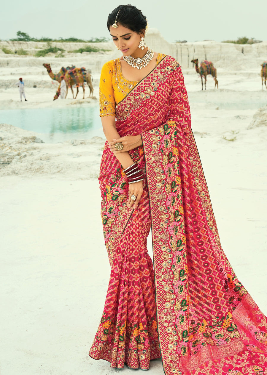 Pinkish Red Khaddi Georgette Embroidered Bandhani Saree & Yellow Blouse