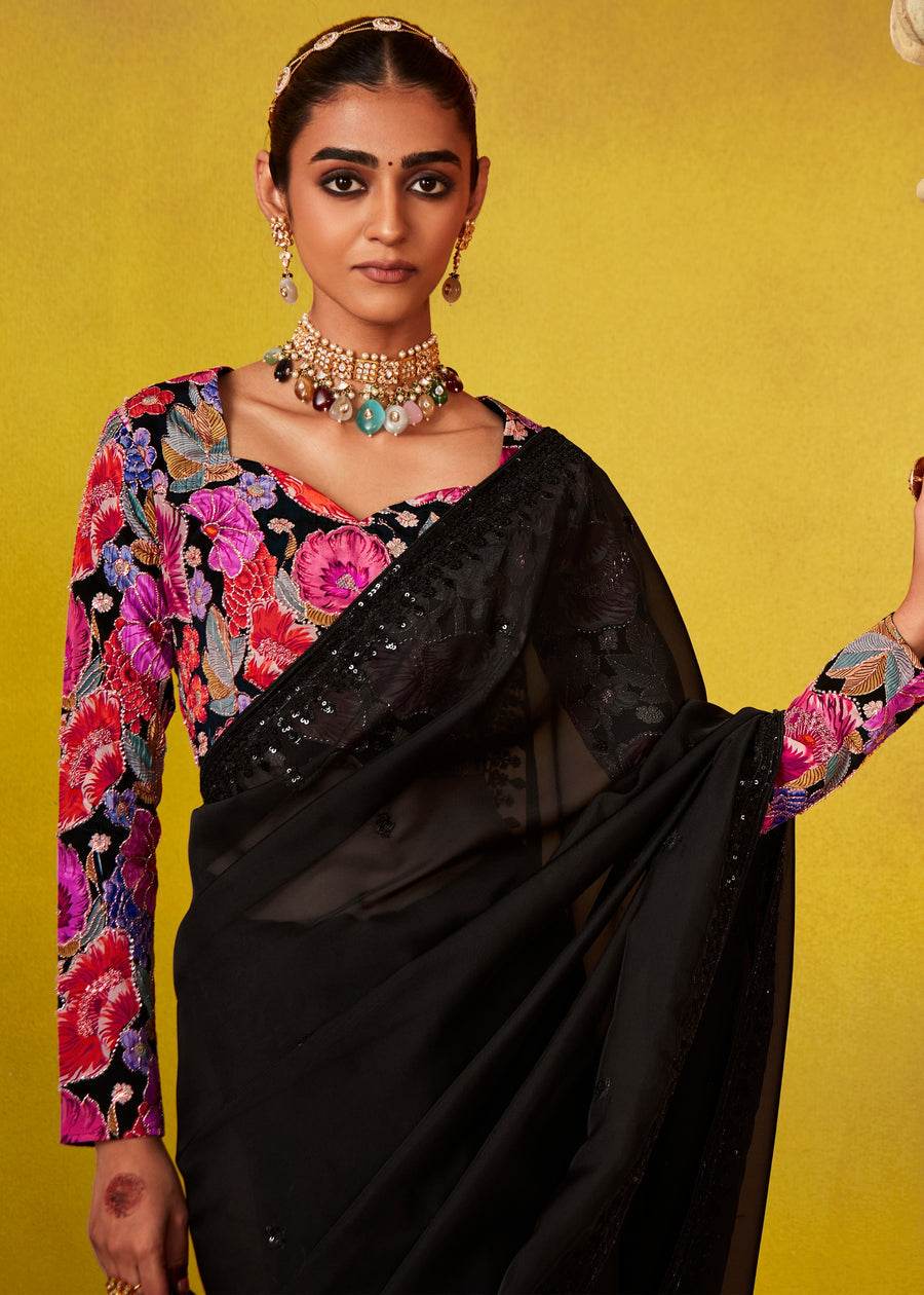 Jet Black Glass Tissue Silk Embroidered Saree With Printed Blouse