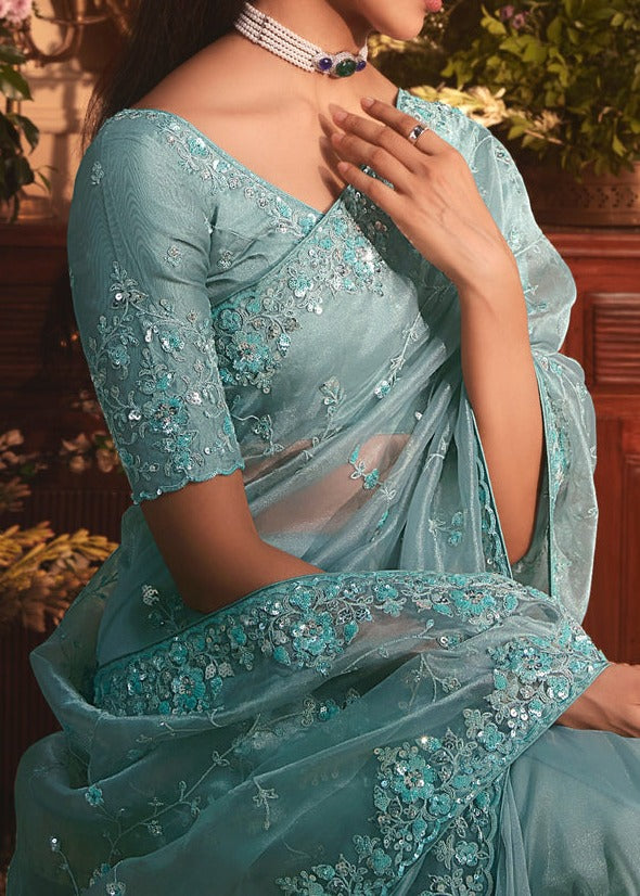 Ocean Blue Organza Tissue Silk Saree With Sequins Embroidery
