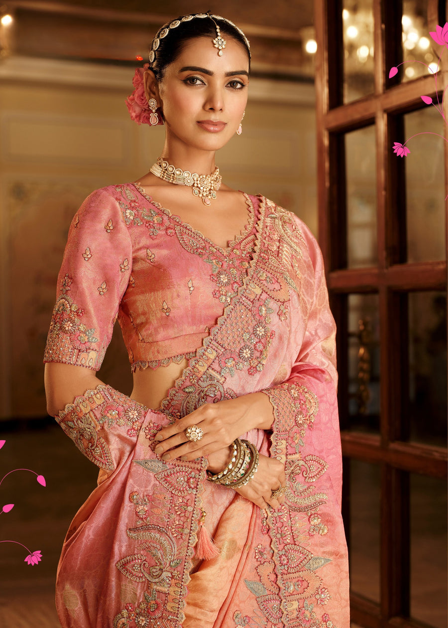 Peach & Pink Multicolor Ombre Soft Banarasi Silk Embroidered Saree