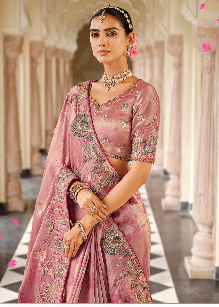 Rose Pink Soft Banarasi Silk Embroidered Saree