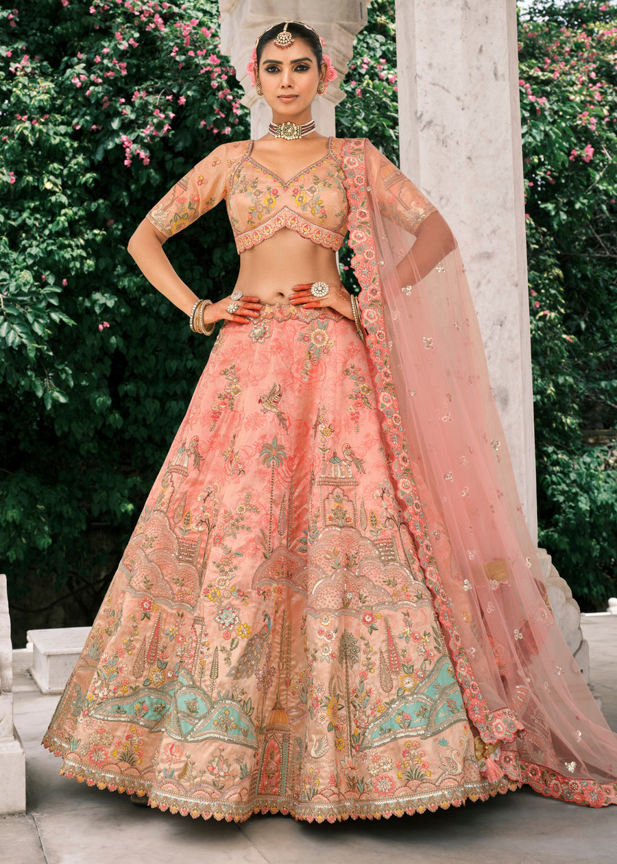 Peach Embroidered Silk Bridal Lehenga Choli
