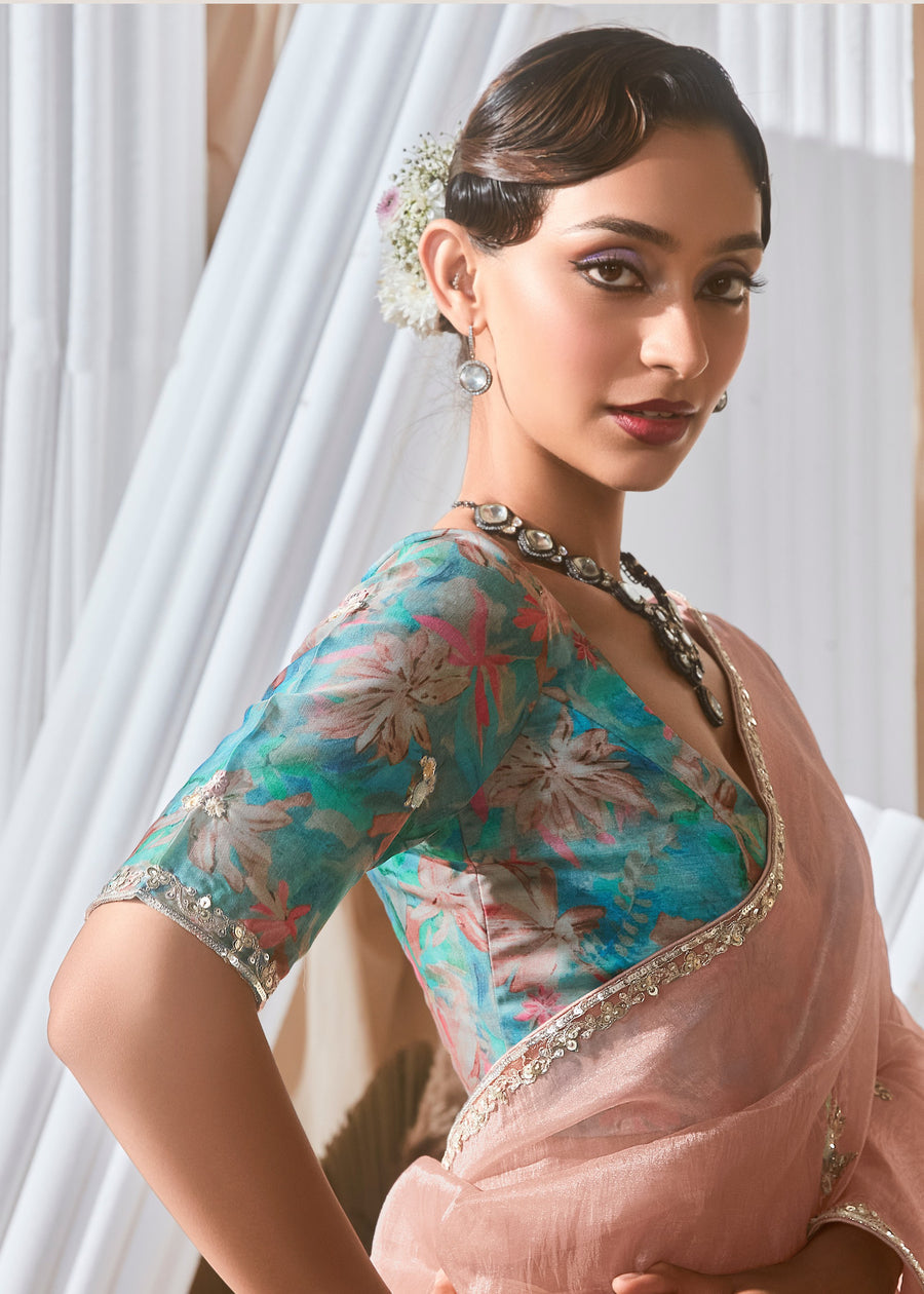 Peach Organza Tissue Silk Embroidered Saree & Printed Turquoise Blue Blouse