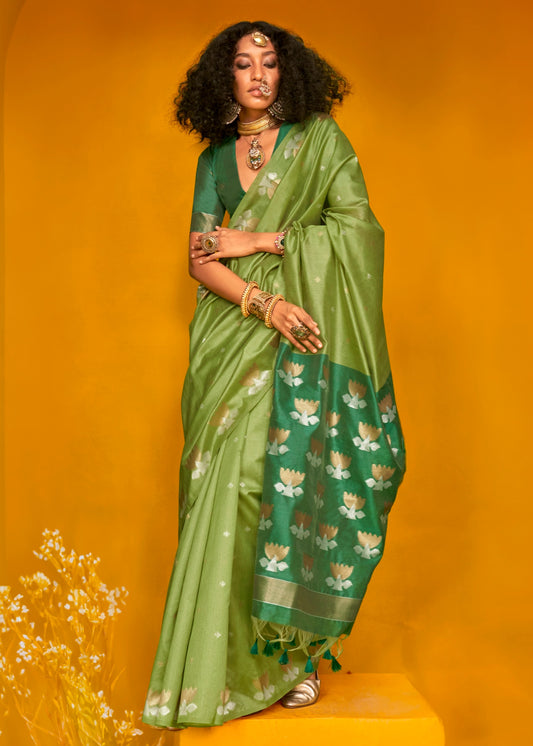 Pure Handloom Green Tussar Silk Saree in Two Tone