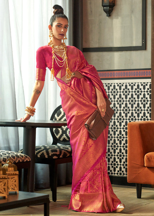 Rose Pink Banarasi Silk Zari Weaving Saree