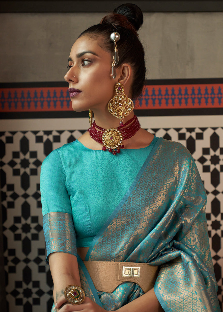 Turquoise Blue Banarasi Silk Zari Weaving Saree