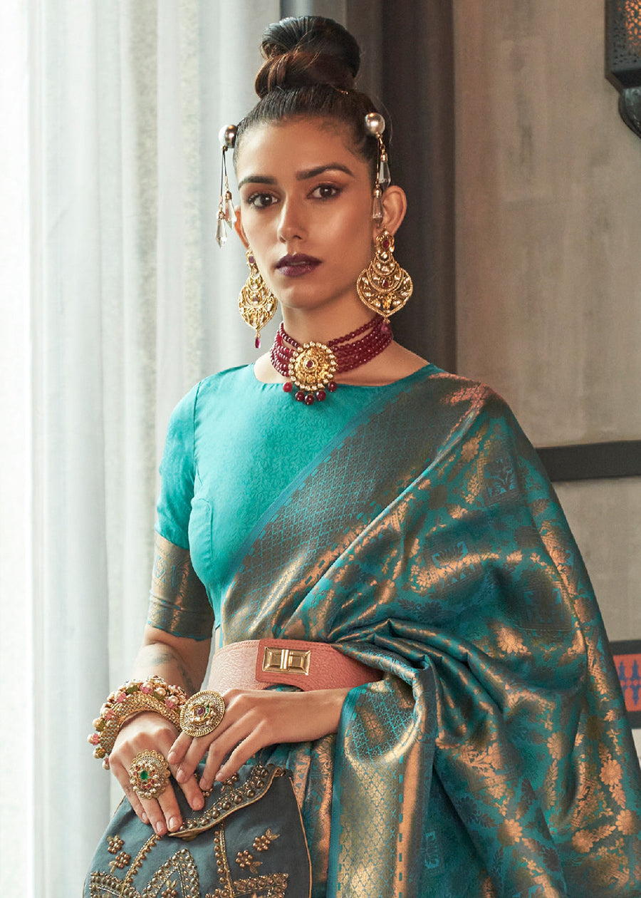 Turquoise Blue Banarasi Silk Zari Weaving Saree